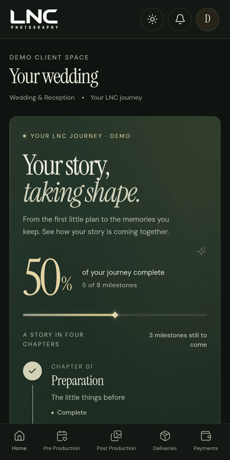 LNC Client App demonstration showing a sample wedding journey at 50 percent, with five of eight milestones complete.